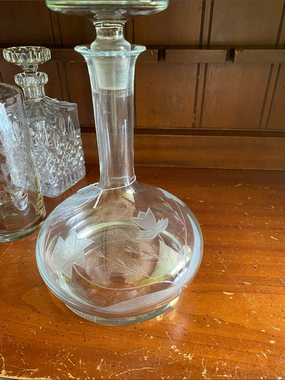 Vintage Etched Handblown Glass Wine Decanter